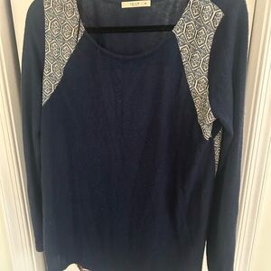 Le Lis Navy Long Sleeve Top with Printed Cream Insets